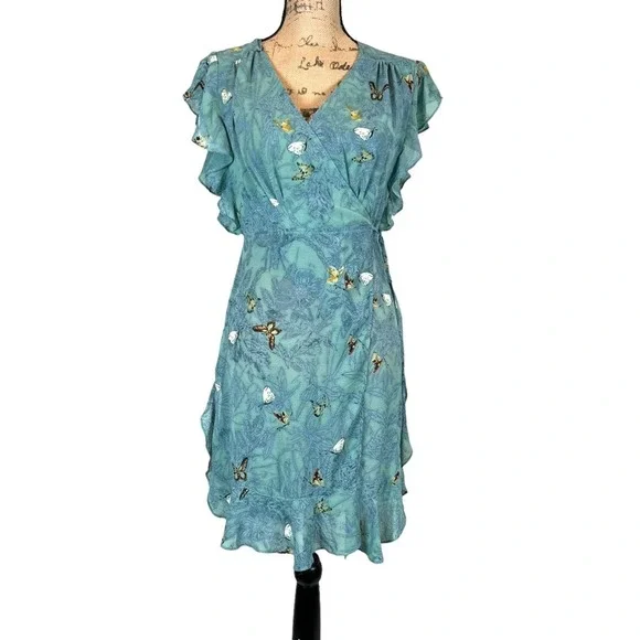 Anthropologie Feather Bone Osuna Wrap Dress Women's M Teal Butterfly Print - Picture 3 of 12